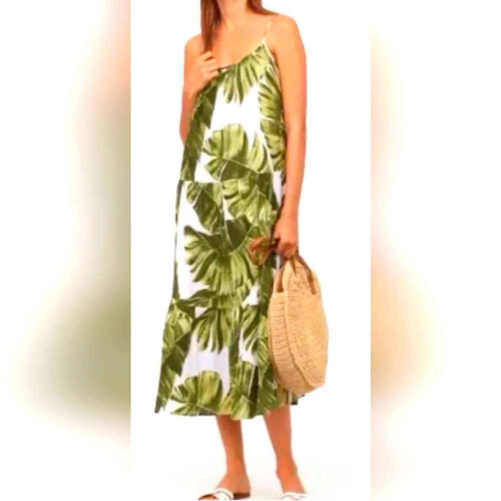 H&M Maxi tropical jungle Vacation palm green white tiered ruffle Dress Large